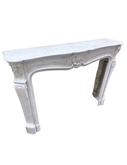 Antique Louis XV White Carrara Marble Fireplace Mantel – Carved Shell Cartouche (M-03M)