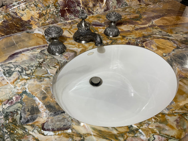 Antique French Breche de Benou Jaune Marble and Walnut Wood Vanity Sink (S-CPXV)