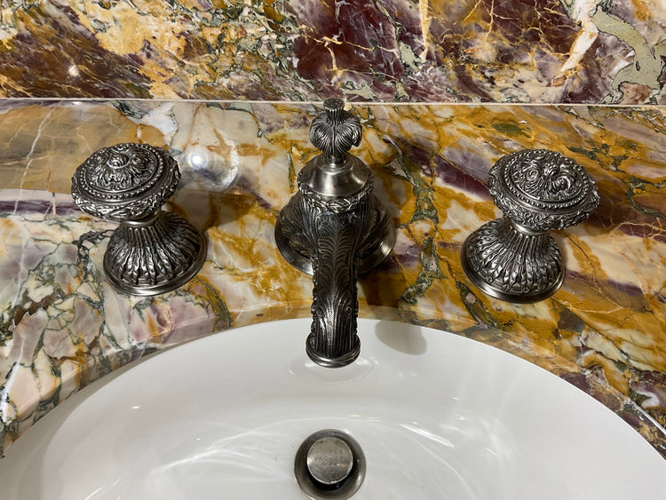 Antique French Breche de Benou Jaune Marble and Walnut Wood Vanity Sink (S-CPXV)