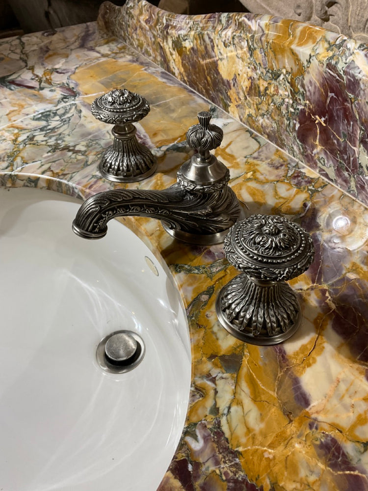 Antique French Breche de Benou Jaune Marble and Walnut Wood Vanity Sink (S-CPXV)