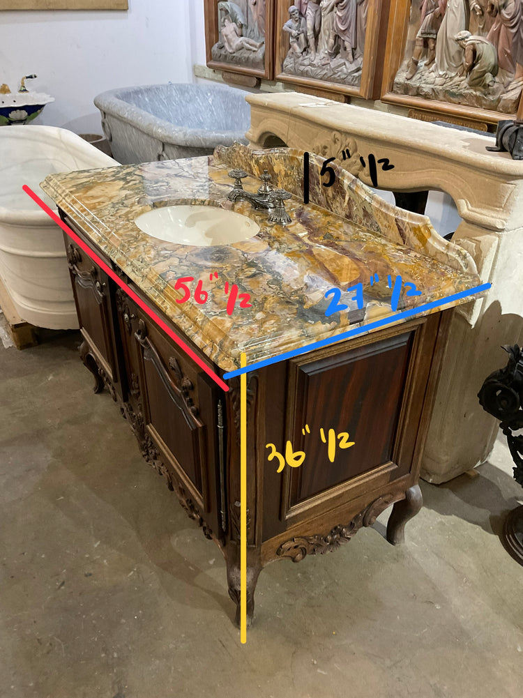 Antique French Breche de Benou Jaune Marble and Walnut Wood Vanity Sink (S-CPXV)