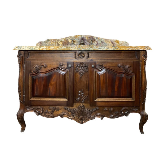 Antique French Breche de Benou Jaune Marble and Walnut Wood Vanity Sink (S-CPXV)