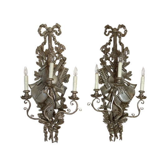 Pair of Antique French Wooden Carved Silver Leaf Wall Sconces (L-FJDT)