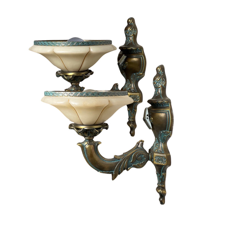 Pair of French Antique Bronze and Alabaster Sconces (L-HXMP)