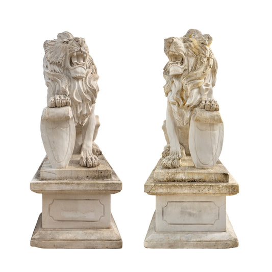 Pair of Antique French Marble Lions on Plinth Bases (GE-ZDXF)