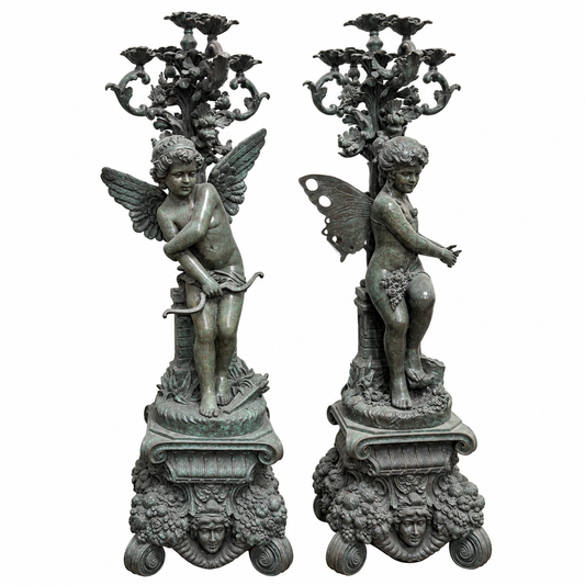 Pair of Ornate Winged Fairy Statues w/ Verdigris Patina (GE-ST055)