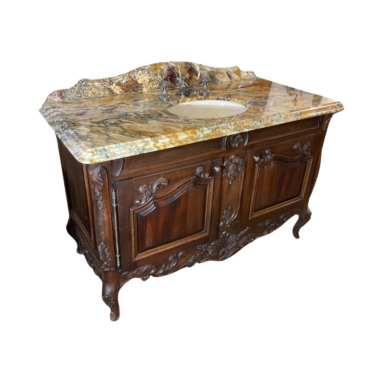 Antique French Breche de Benou Jaune Marble and Walnut Wood Vanity Sink (S-CPXV)