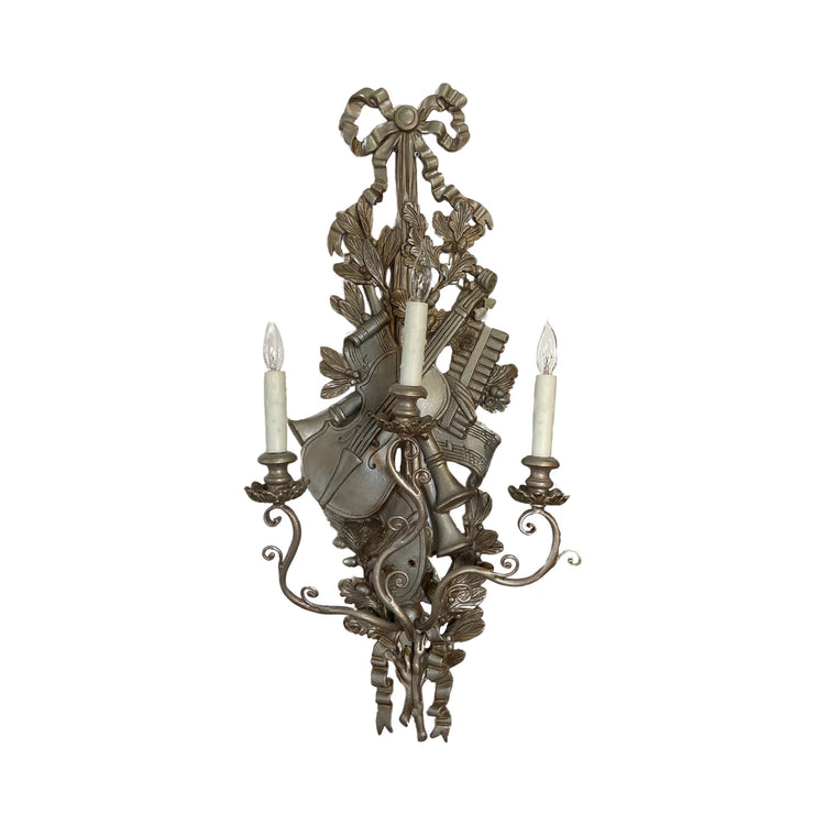 Pair of Antique French Wooden Carved Silver Leaf Wall Sconces (L-FJDT)