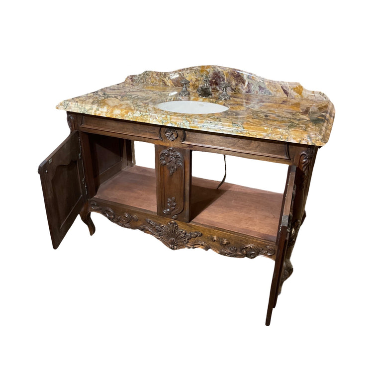 Antique French Breche de Benou Jaune Marble and Walnut Wood Vanity Sink (S-CPXV)