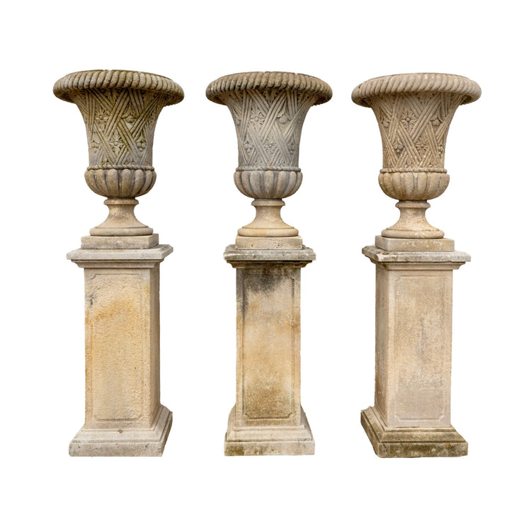 Pair of Italian Limestone Planters with Base