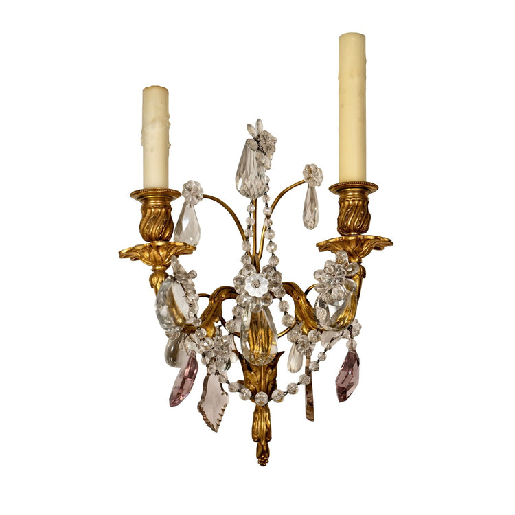 Pair of Antique French Bronze and Crystal Wall Sconces (L-PGAC)