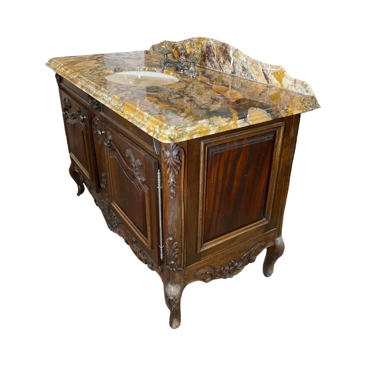 Antique French Breche de Benou Jaune Marble and Walnut Wood Vanity Sink (S-CPXV)