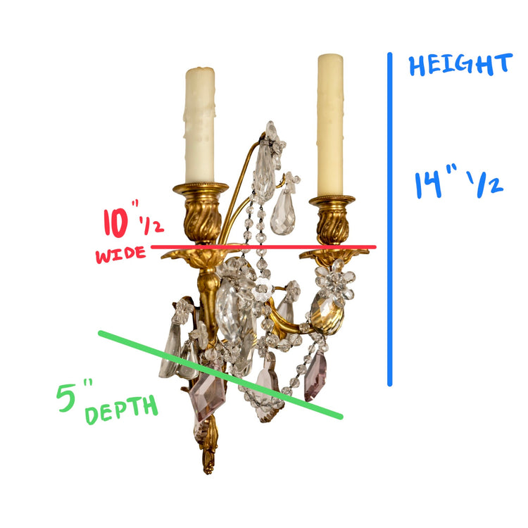 Pair of Antique French Bronze and Crystal Wall Sconces (L-PGAC)