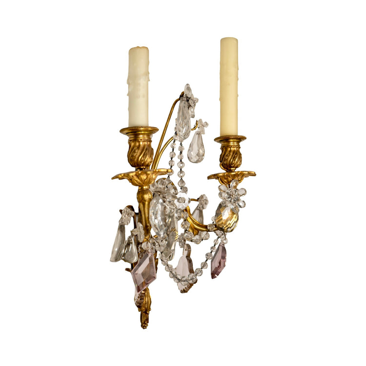 Pair of Antique French Bronze and Crystal Wall Sconces (L-PGAC)