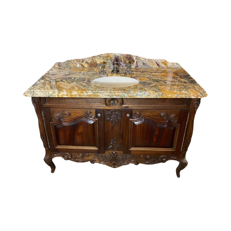 Antique French Breche de Benou Jaune Marble and Walnut Wood Vanity Sink (S-CPXV)