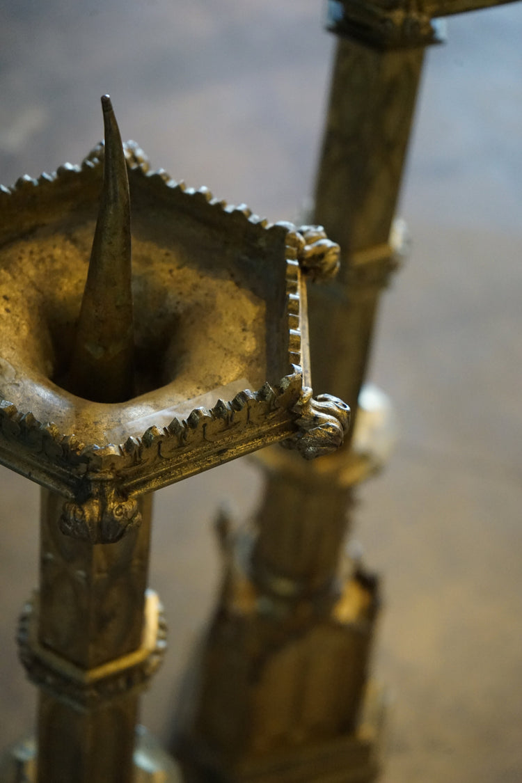 Pair of French Antique Gold-Plated Gothic Candlesticks (HD-X3134)