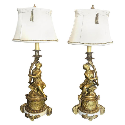 Pair of French Carved Bronze Lamps