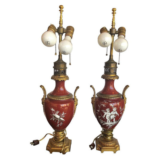 Pair of Porcelain and Bronze Lamps (L69)
