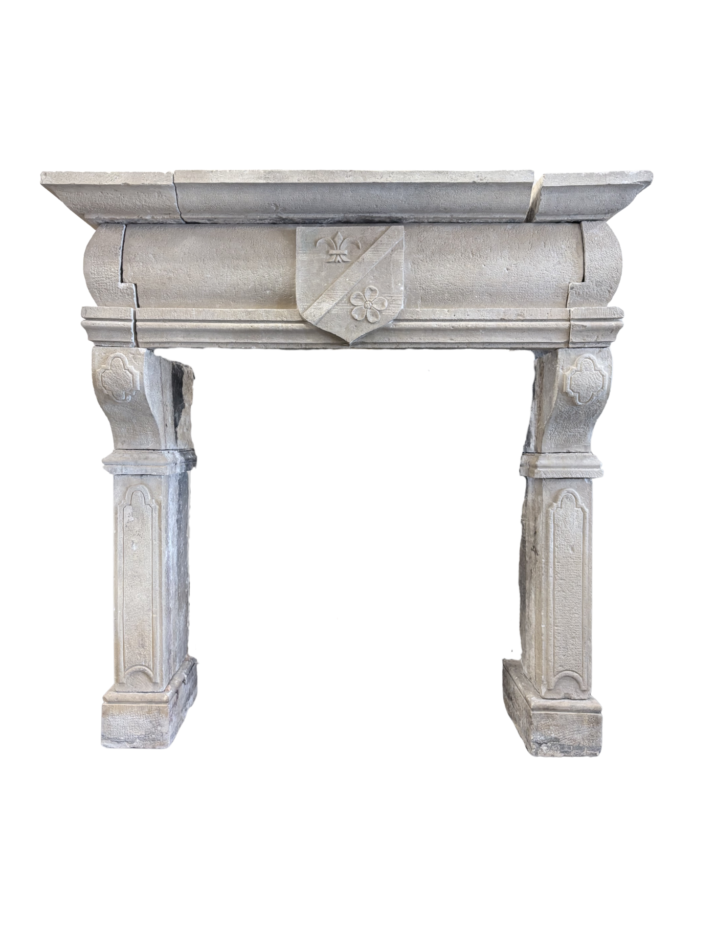 Gothic Stone Fireplace Mantel W/ Carved Armorial Shield