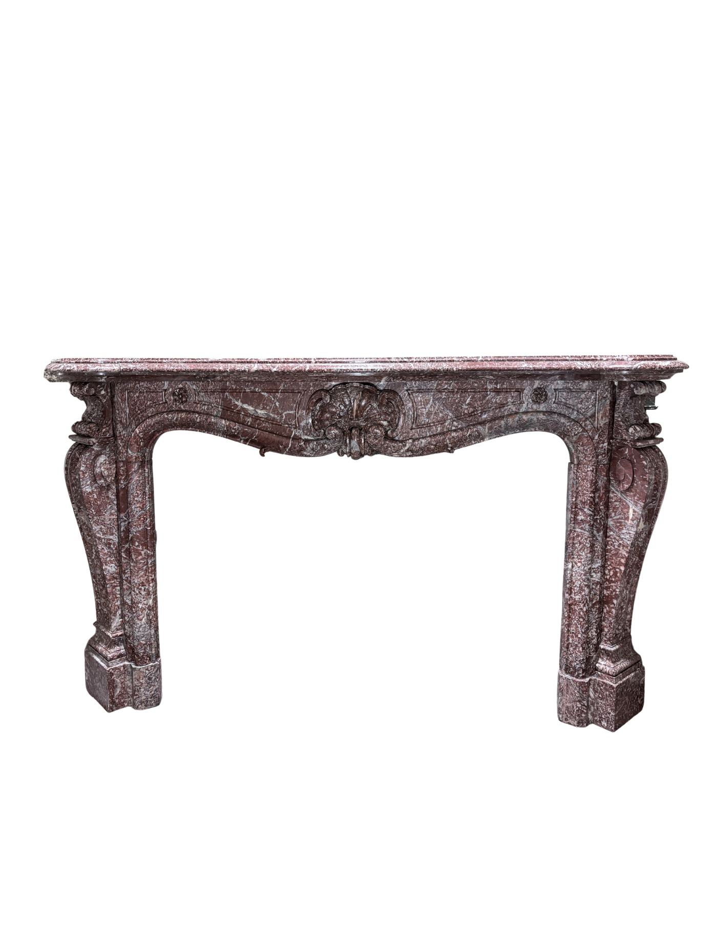 Antique Louis XV Rouge Marble Fireplace Mantel – Carved Shell Cartouche (M-02M)