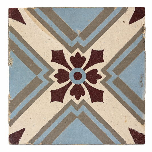 Antique French Floral Geometric Mosaic Cement Tile (QUNT)