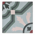 A square decorative tile with a modern geometric pattern featuring a light blue-gray background, dark green curved lines, pale pink leaf-like shapes, and small red accents.