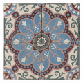 Four antique French cement tiles forming a blue, burgundy, blush, and green floral medallion.