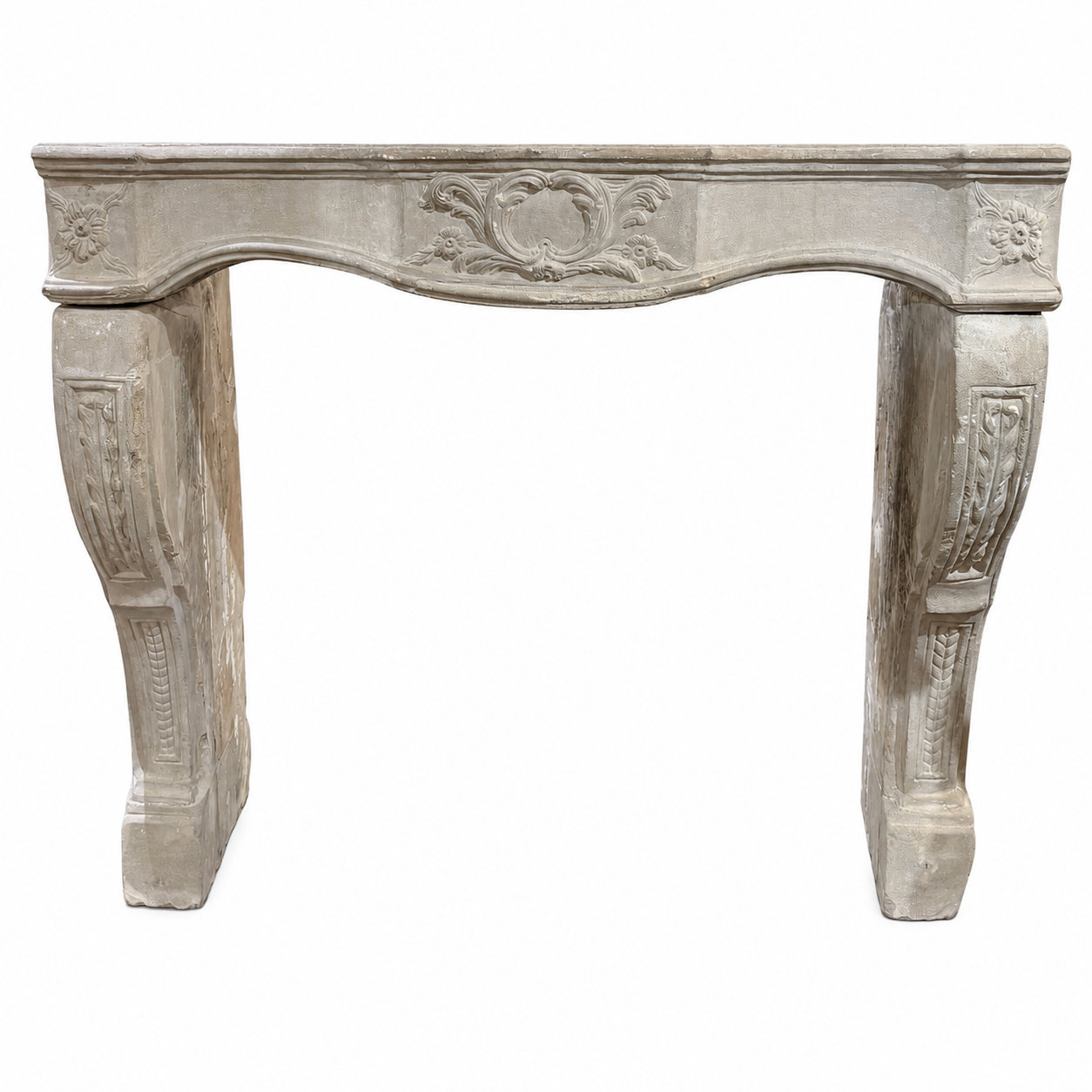 Antique French Carved Limestone Fireplace Mantel with Floral Details (M-08L)