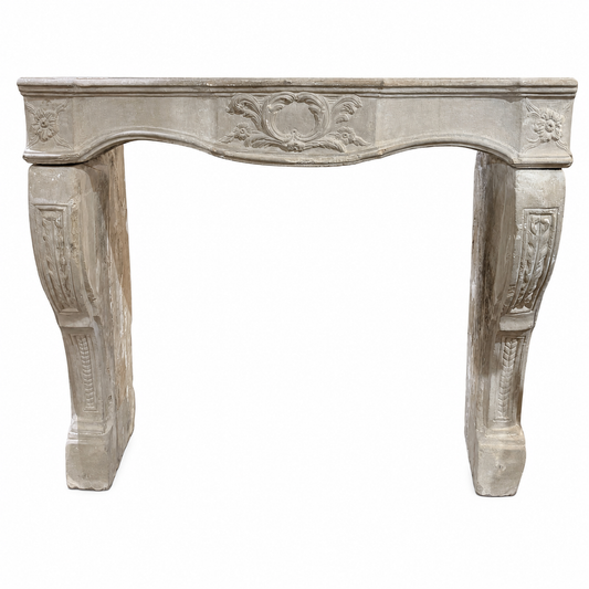 Antique French Carved Limestone Fireplace Mantel with Floral Details (M-08L)