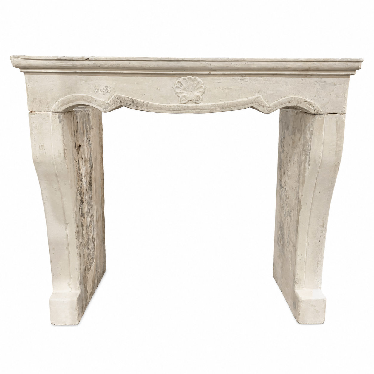 Antique French Limestone Fireplace Mantel with Carved Shell Detail (M-06L)