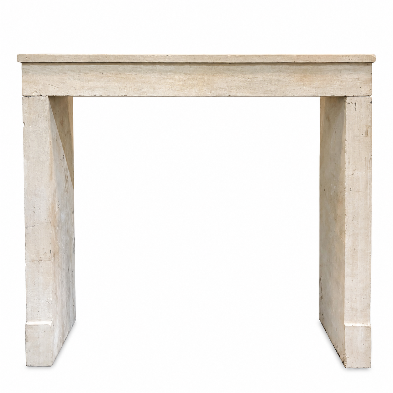 A rustic, distressed light beige console table with a thick rectangular top and blocky, block-style legs, shown against a plain white background.