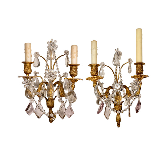 Pair of Antique French Bronze and Crystal Wall Sconces (L-PGAC)