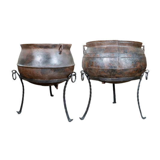 Pair of Antique French Cast Iron Cauldron Planters (V-QCWA)