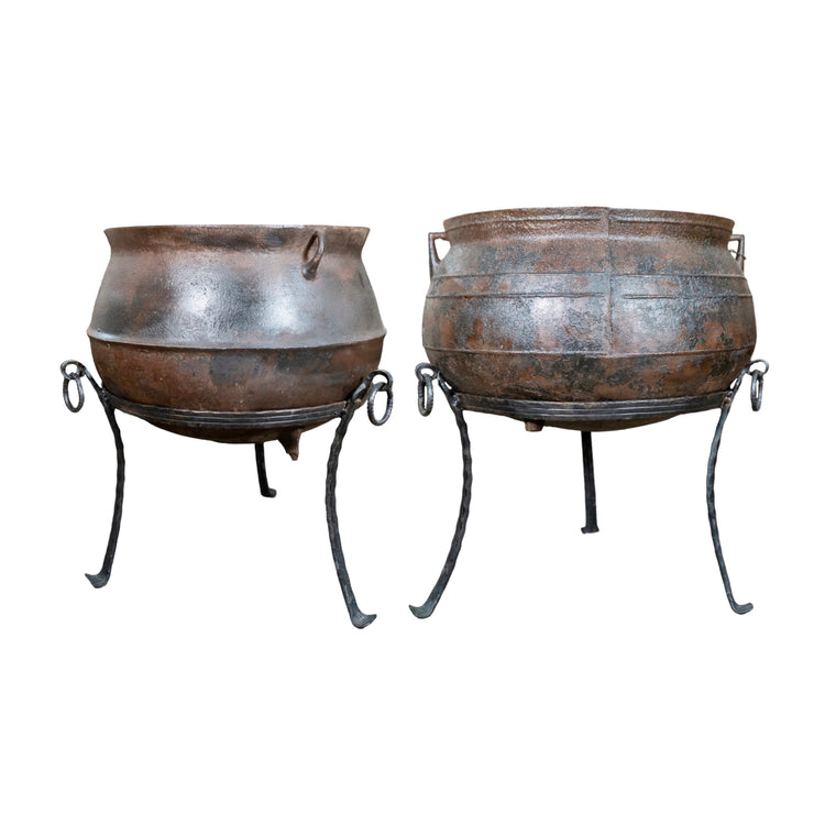 Pair of Antique French Cast Iron Cauldron Planters