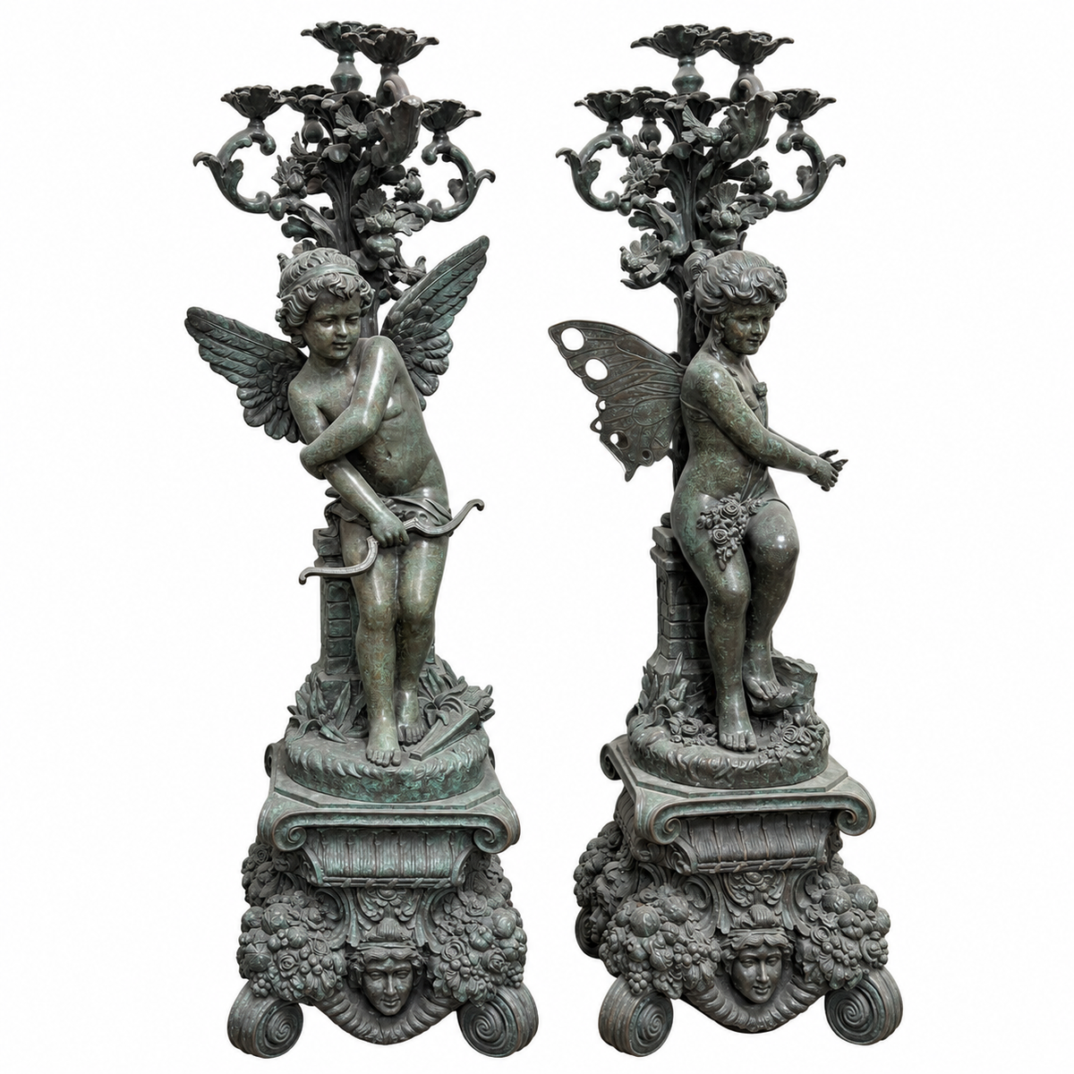 Pair of Ornate Winged Fairy Statues w/ Verdigris Patina (GE-ST055)
