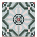 our antique French cement tiles forming a floral medallion pattern in powder blue, blush pink, green, charcoal,