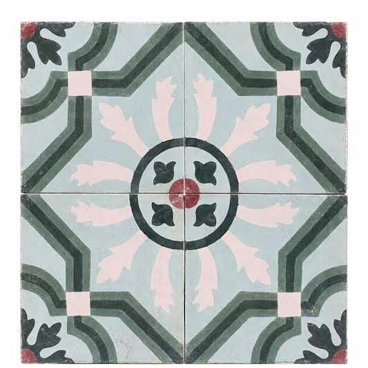 our antique French cement tiles forming a floral medallion pattern in powder blue, blush pink, green, charcoal,