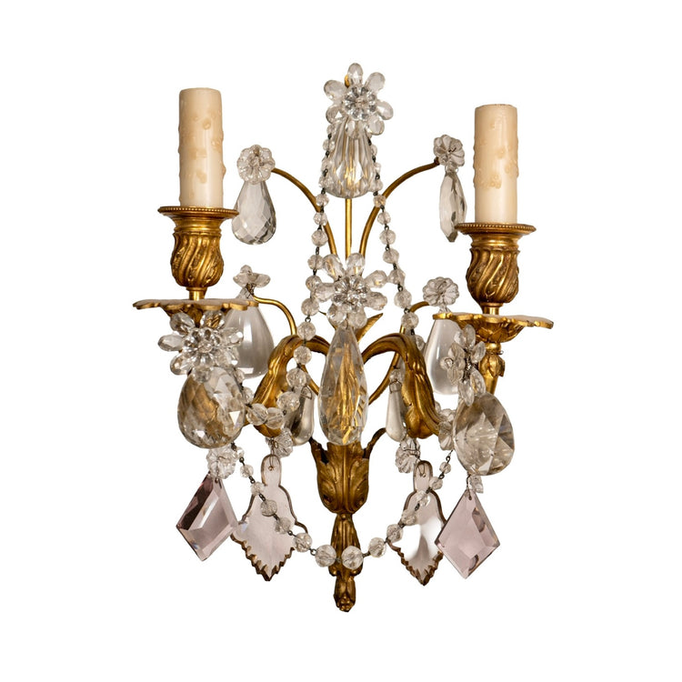 Pair of Antique French Bronze and Crystal Wall Sconces