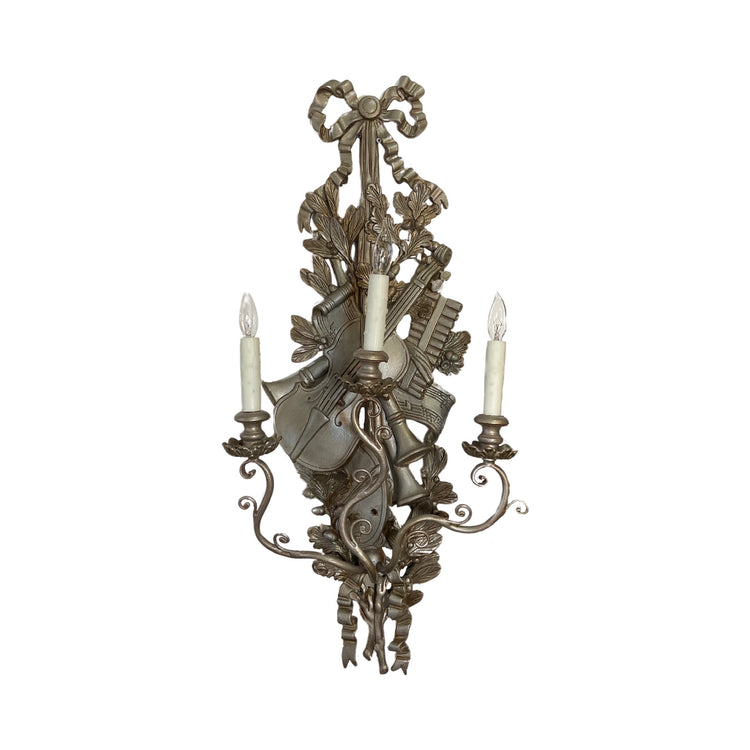 Pair of French Wooden Carved Silver Leaf Wall Sconces