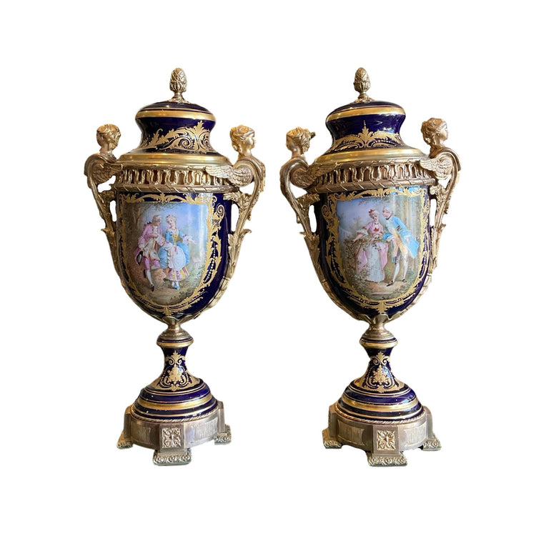 Pair of European Sevres Porcelain Urns