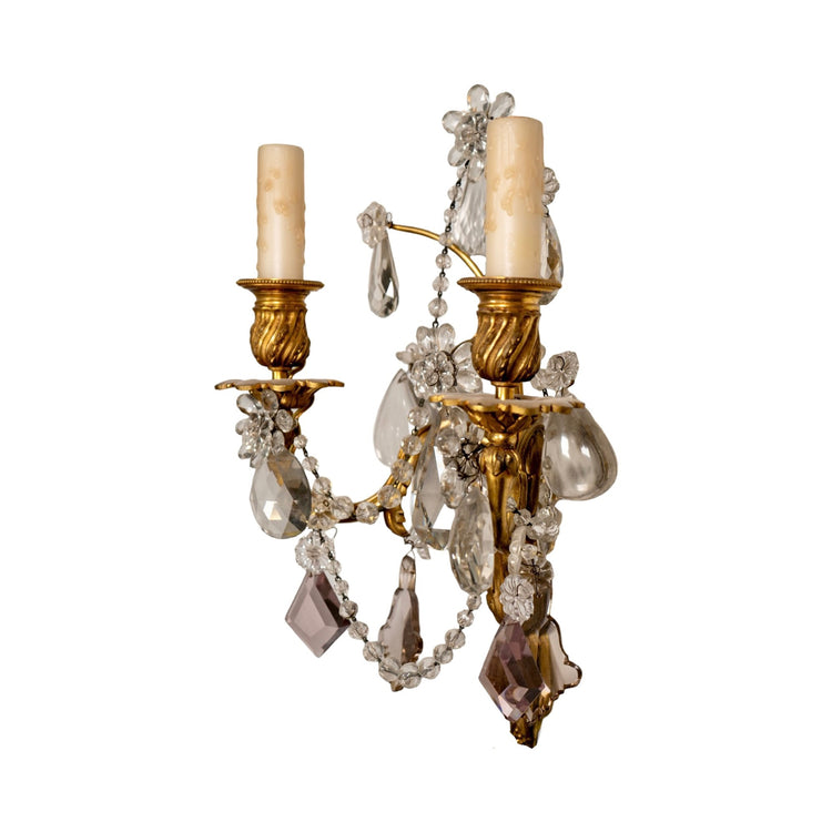 Pair of Antique French Bronze and Crystal Wall Sconces