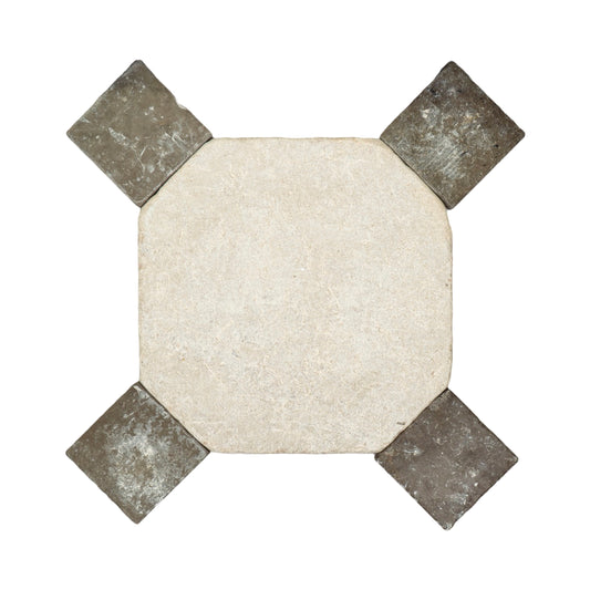 French Octagonal Limestone & Bluestone Cabochon Tile