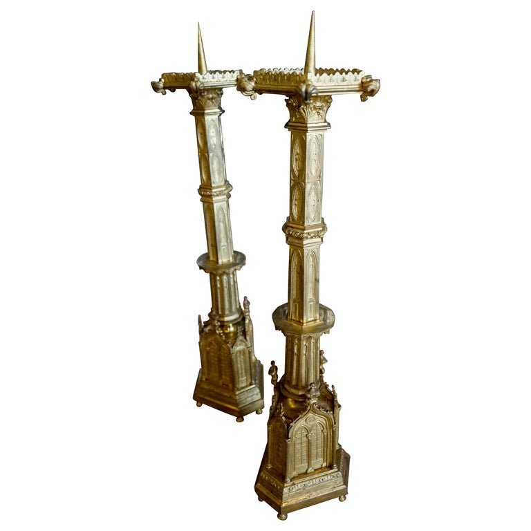 Pair of French Antique Gold-Plated Gothic Candlesticks (HD-X3134)