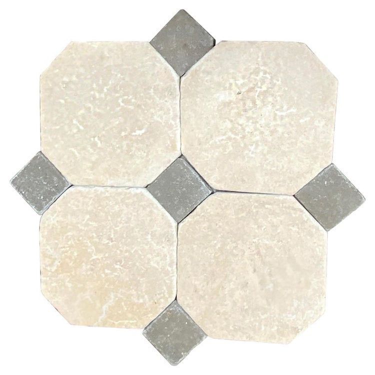 French Octagonal Limestone & Bluestone Cabochon Tile