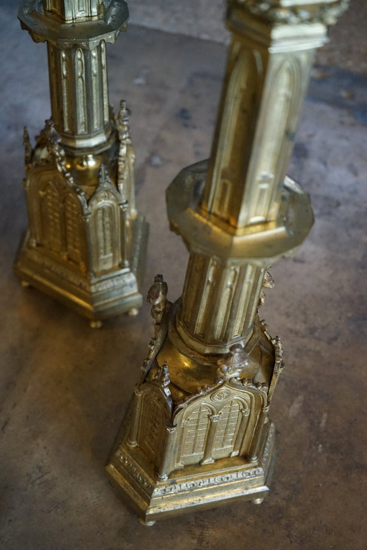 Pair of Gold-Plated Gothic Candlesticks