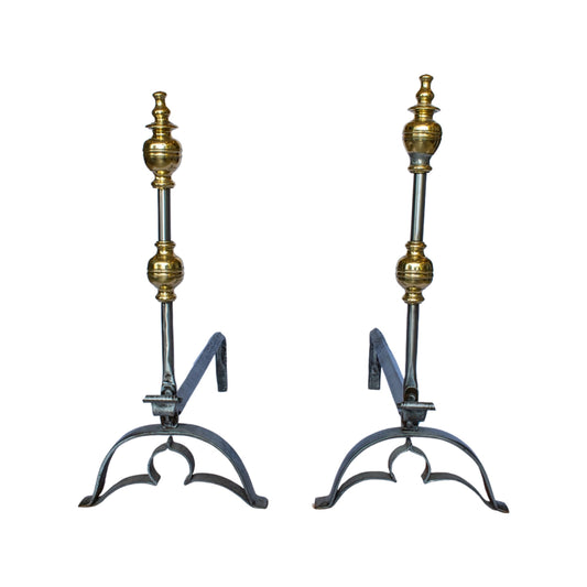 Pair of French Steel and Bronze Andirons