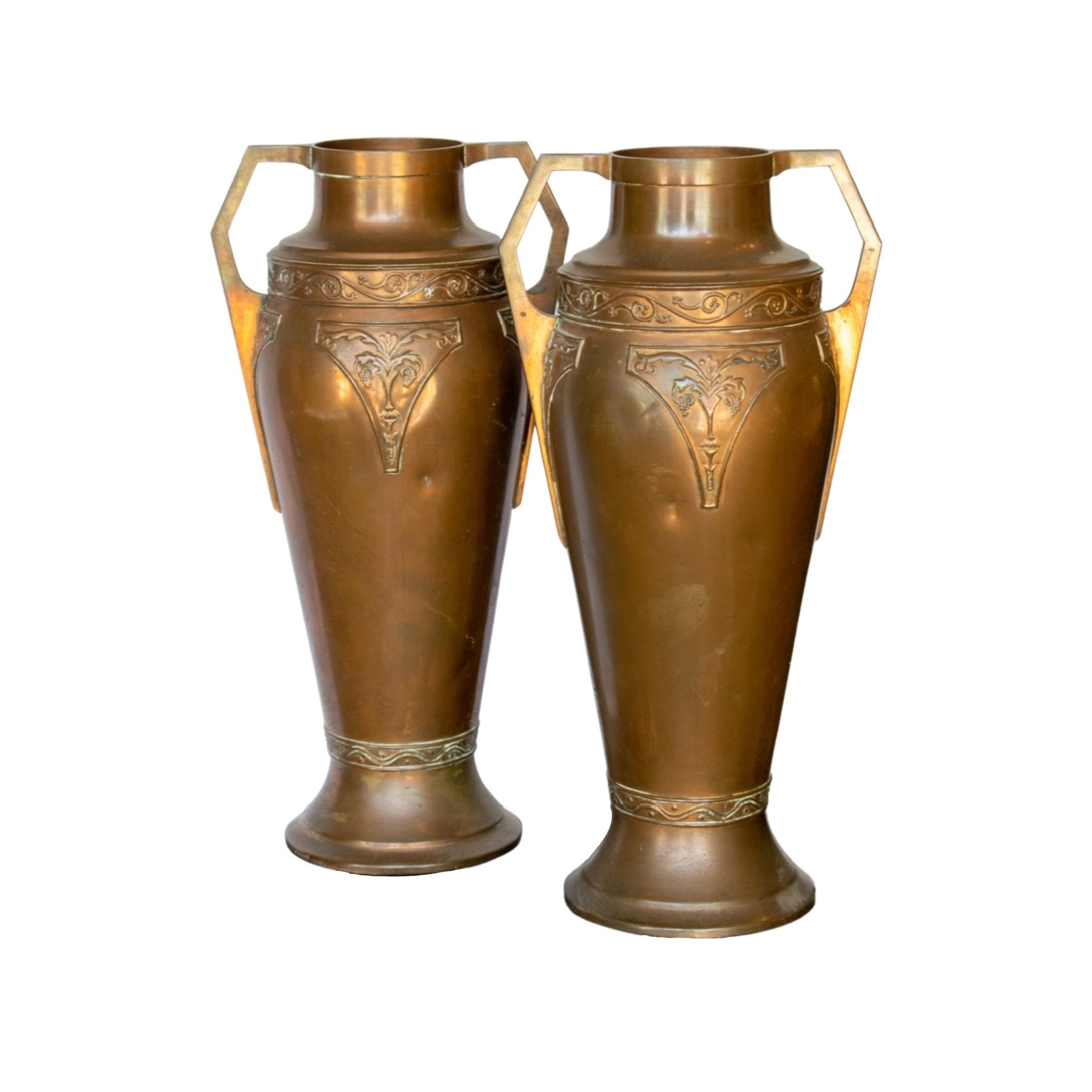 Pair of Antique Embossed Copper Urns (1200)